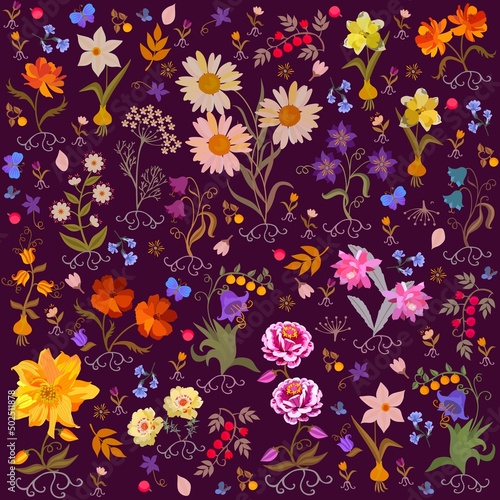 Beautiful floral ornament in vector. Seamless natural print with flowers, leaves, roots, berries, butterflies on a dark purple background. Botanical pattern. © Happy Dragon