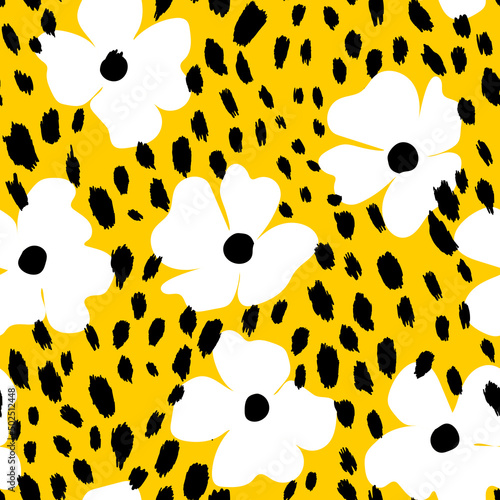 Abstract modern leopard seamless pattern with flowers. Animals trendy background. Floral vector stock illustration for print, card, postcard, fabric, textile. Modern ornament of stylized skin