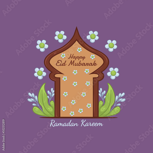 Illustration of dome door and flowers congratulating Eid al-Fitr with