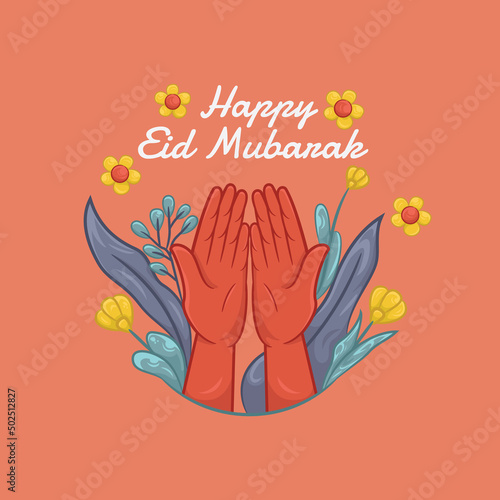 Illustration of hands and flowers congratulating Eid al-Fitr with