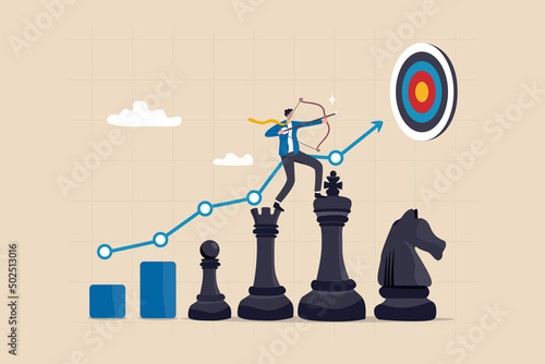 Strategy to win business success, growing to achieve target or strategic growth, challenge or mission, management and planning concept, businessman archery on king chess growth chart aiming at target. photo