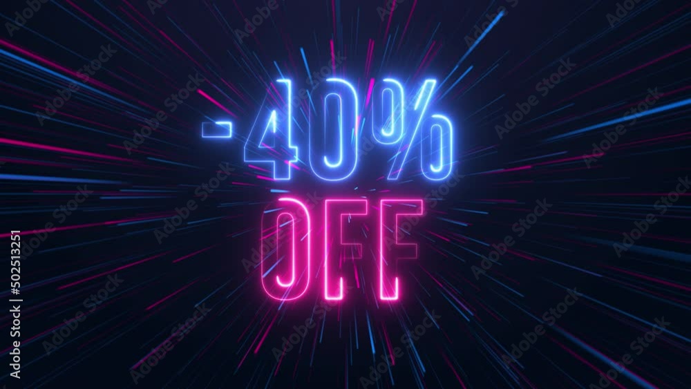 -40% off - neon text with neon lines animation.blue and pink color. Glowing Neon Lights concept. -40% off - neon text with neon lines animation.blue and pink color. Glowing Neon Lights concept.