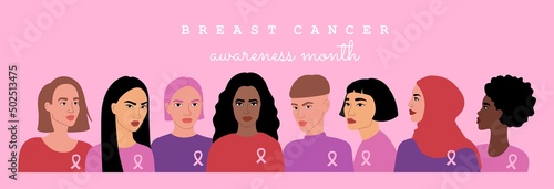 Breast cancer awareness month. Group of women different nationalities standing together. Support and solidarity with females fighting with disease oncology. Colored vector illustration in flat style.