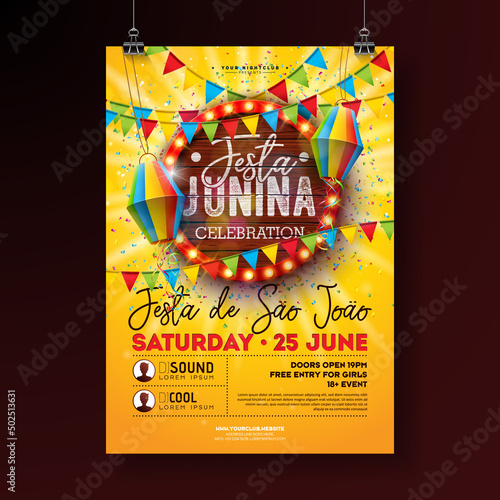 Festa Junina Party Flyer Illustration with Paper Lantern and Retro Light Bulb Billboard with Wood Texture Background. Vector Brazil June Sao Joao Festival Design for Invitation or Holiday Celebration