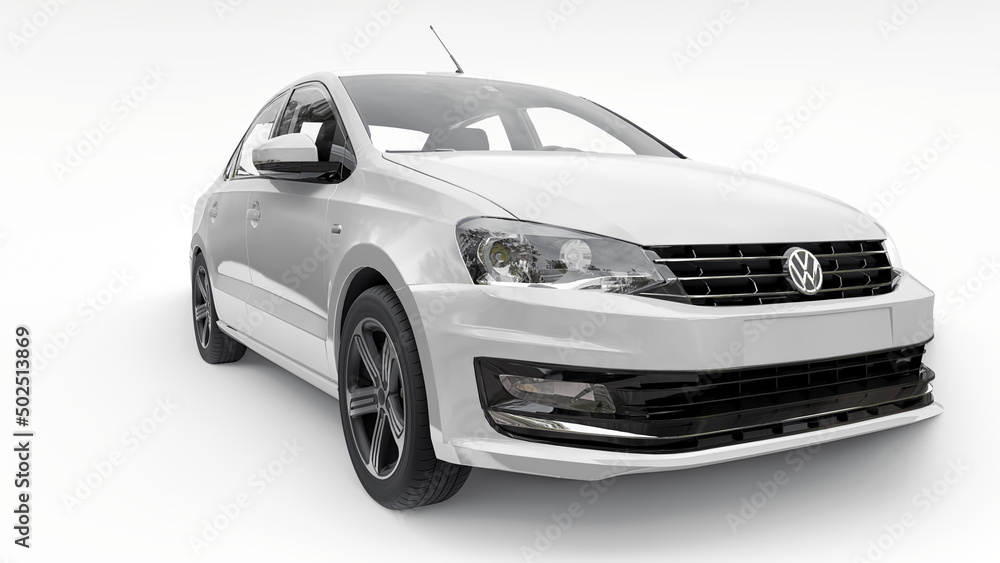 Paris, France. July 6, 2021: Volkswagen Polo sedan white compact city car  isolated on white background. 3d rendering. Stock Illustration | Adobe Stock