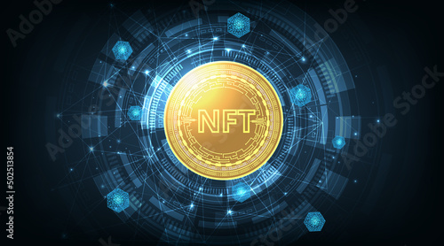 Rendering illustration of NFT non fungible token coin.NFT coin design in circuit board style for pay unique collectibles in games.Crypto currency concept. blockchain technology. 