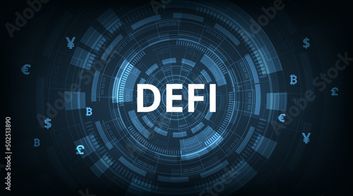 Decentralized Finance(DeFi) on dark blue background.Concept of cryptocurrency, blockchain and digital asset. Futuristic  decentralized financial system. 