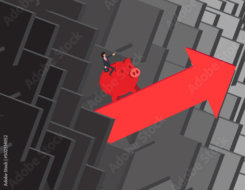 Business arrows concept to success. businessman riding a piggy bank on an arrow, Competition, Arrow Sign, Arrow, Direction