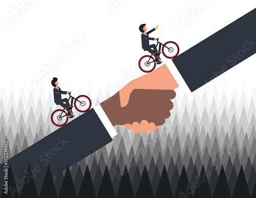 Financial crisis and economic recession. businessman helps in overcome obstacles during a crisis, businessman riding a bicycle