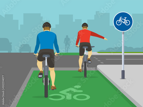Traffic regulation on roads. Safe bicycle riding. Cyclist turning right on bike lane junction. Back view of a cyclist showing turning gesture while cycling. Flat vector illustration.