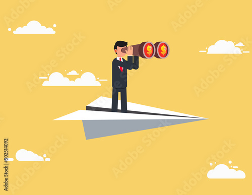 Businessman flying on paper plane using telescope looking for success. opportunities, future business trends. Vision concept.