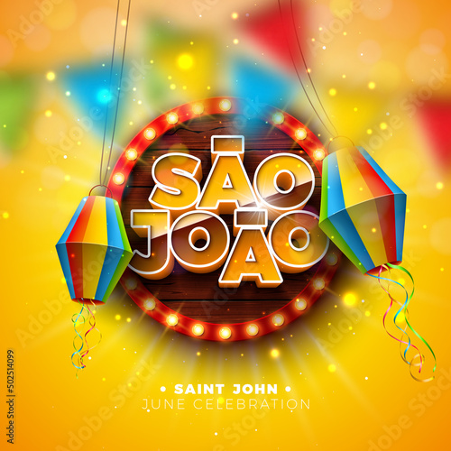 Festa Junina Illustration with Party Flags, Paper Lantern and 3d Sao Joao Lettering on Light Bulb Billboard with Wood Background. Vector Brazil June Festival Design for Greeting Card, Banner or photo