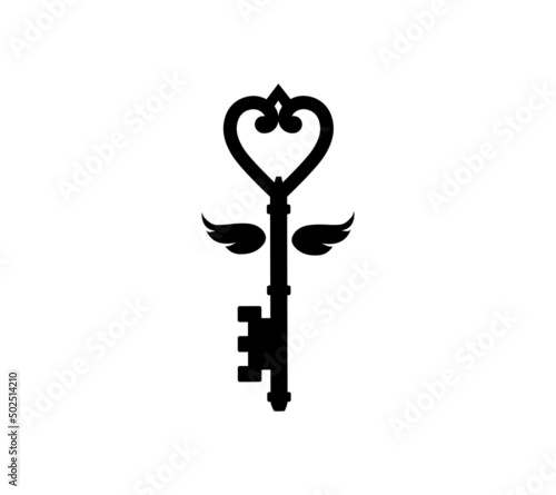 Key with wings is in the form of a heart. Vintage flying key. Vector illustration. 