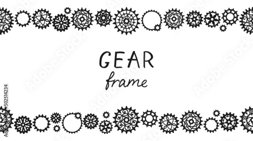 Seamless border made of black openwork gears and cogwheels of different sizes on a white background with place for text. Vintage frame. Steampunk. Vector design template for banner, poster and flyer