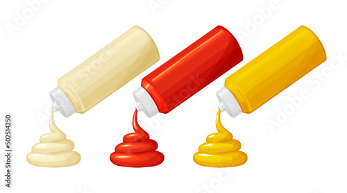 Bottles of mayonnaise,ketchup,mustard sauce with swirl in realistic style