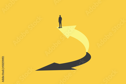 Successful businessman standing on the arrow, which pointing up as symbol of achievement, success and developing business in successful way. Businessman looking forward.