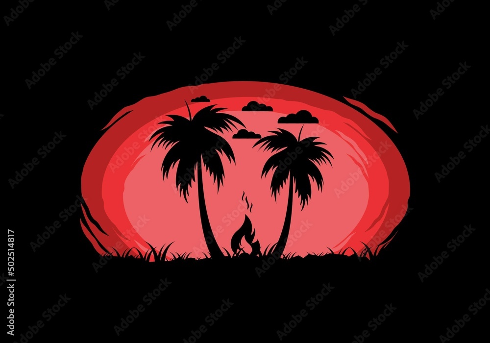 Silhouette of bonfire and coconut trees on the beach