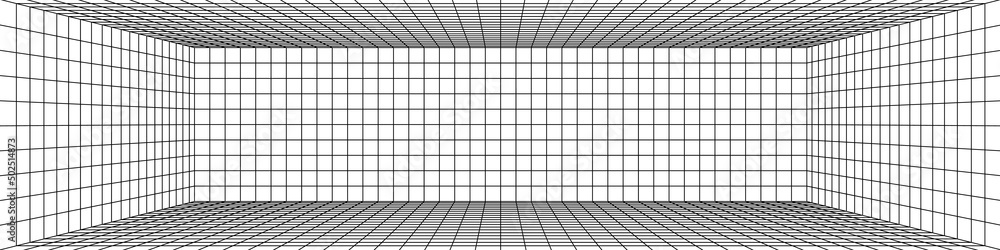 3D digital one point perspective grid room. Black mesh on white background. Empty indoor studio frame blueprint. Virtual three dimension scene. Easy guide vector architecture template 3D digital one point perspective grid room. Black mesh on white background. Empty indoor studio frame blueprint. Virtual three dimension scene. Easy guide vector architecture template