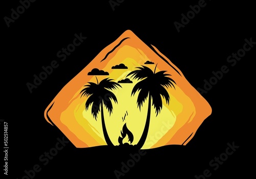 Silhouette of bonfire and coconut trees on the beach