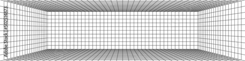 3D digital one point perspective grid room. Black mesh on white background. Empty indoor studio frame blueprint. Virtual three dimension scene. Easy guide vector architecture template