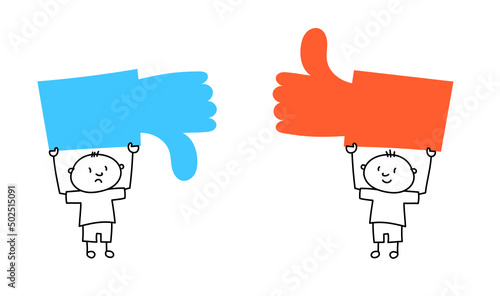 Satisfied and dissatisfied customers hold a like and dislike symbol in their hands.