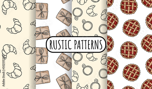 Set of breakfast doodles seamless patterns. Cute cartoon tasty croissants and other brunch food repeatable texture background tiles collection. Cozy template of illustrations for wrapping, wallpaper