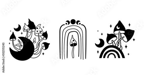 Mystical mushroom and rainbow isolated clip art bundle, hand drawn celestial mush and moon, witchy rainbow floral black and white vector set, trippy space art