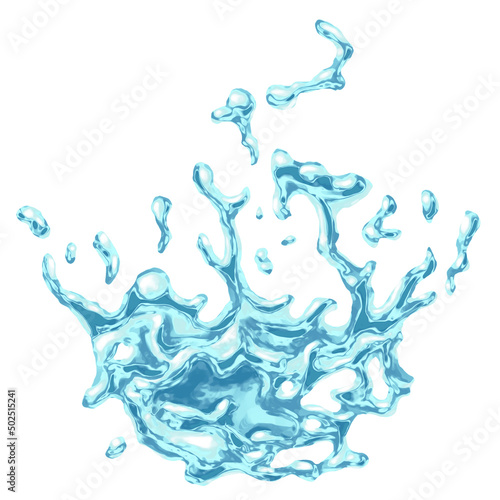 Blue water wave splash with drops isolated on white background. Clean aqua, fresh and natural water, liquid falling splash, swirl with splatters and drops. 3D illustration