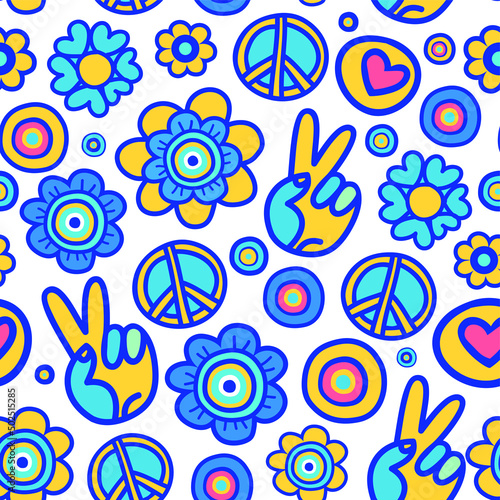blue and yellow hand drawn seamless pattern hippie style. Background for print, textile, cover, wallpaper