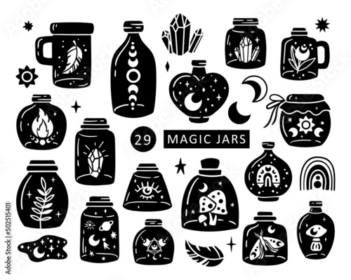 Mason jar isolated clip art bundle, Celestial black and white glass bottles, magic witches brew set, mystical jars silhouette with rainbow, moon, crystal, mushrooms vector images collection