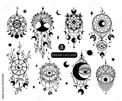 Hand drawn mystical Dreamcatcher isolated clip art bundle, black and white line boho dream catchers, celestial floral design elements - vector illustration collection