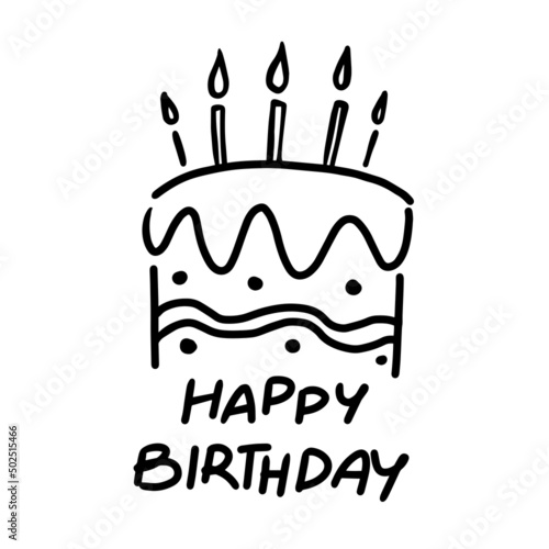 Draw freehand style birthday cake, black graphics on white background.