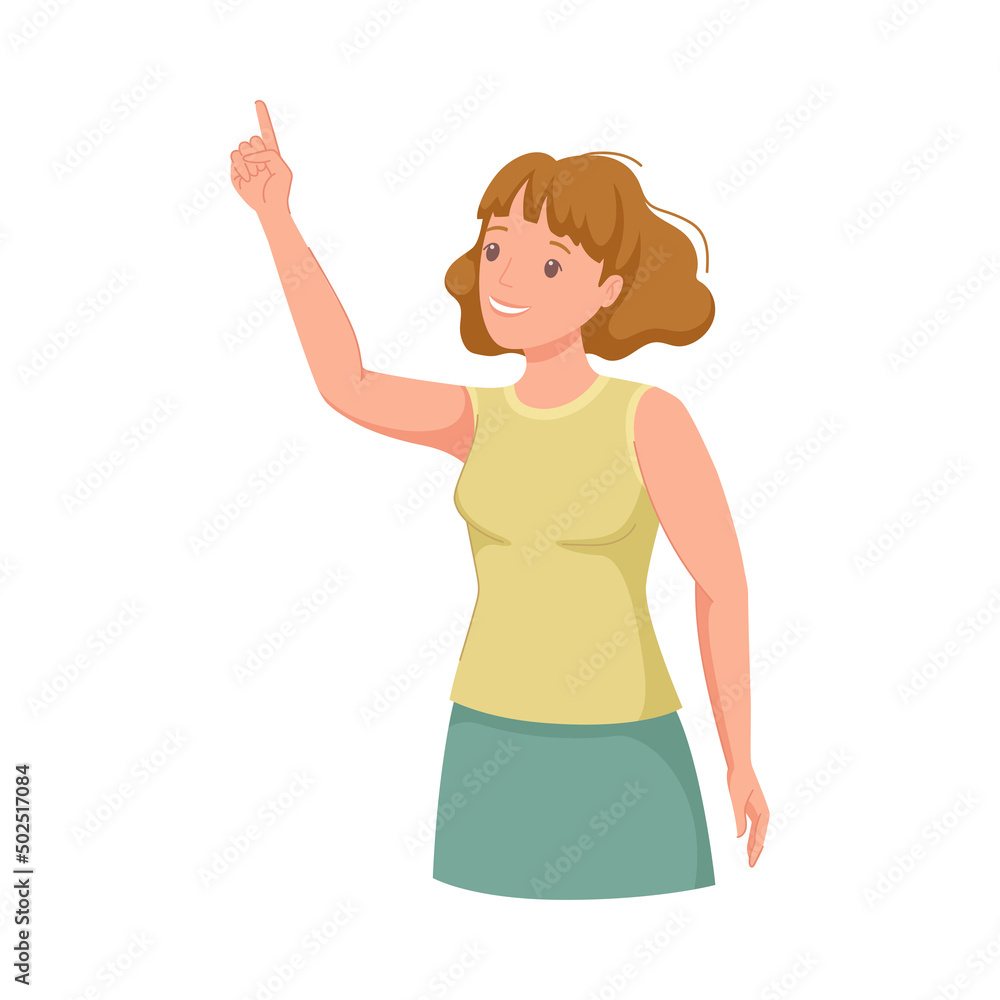 Woman Character Indicating Something Pointing with Index Finger as Hand Gesture Specifying Direction Vector Illustration Woman Character Indicating Something Pointing with Index Finger as Hand Gesture Specifying Direction Vector Illustration