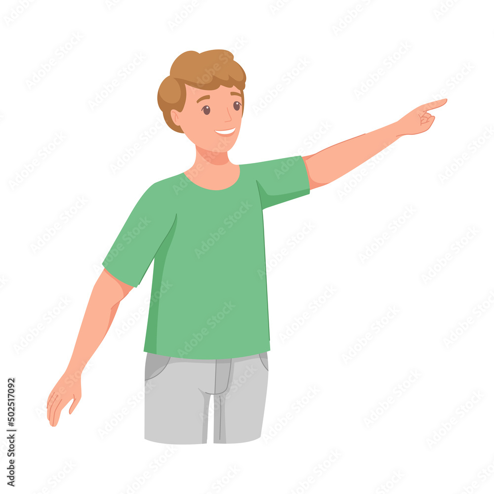 Man Character Indicating Something Pointing with Index Finger as Hand Gesture Specifying Direction Vector Illustration Man Character Indicating Something Pointing with Index Finger as Hand Gesture Specifying Direction Vector Illustration