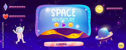 Space game ui main screen with buttons, start and download. Screen with planet, indicators of heart, crystals and coins, flying astronaut alien. Cartoon vector illustration for app game menu