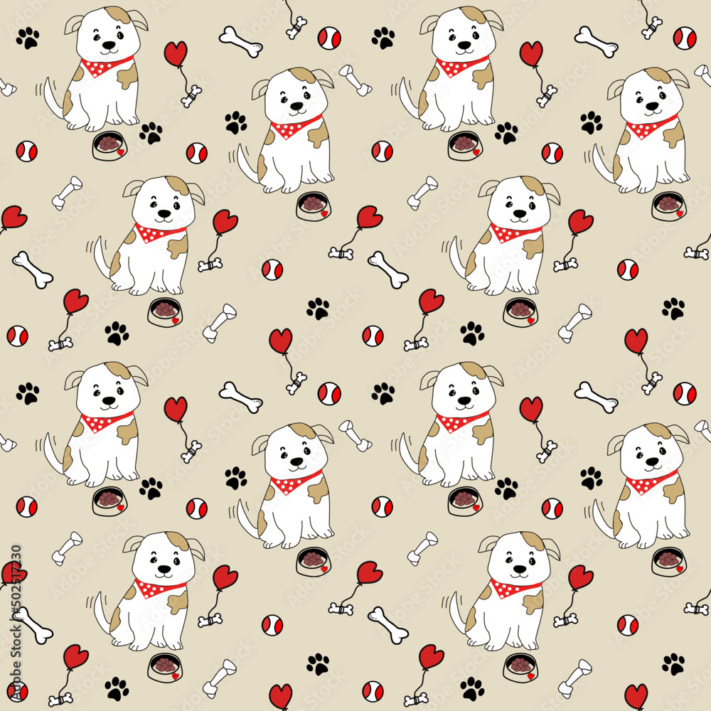 drawing of cute white dog pattern with red heart balloon , food , bone and toy on beige background