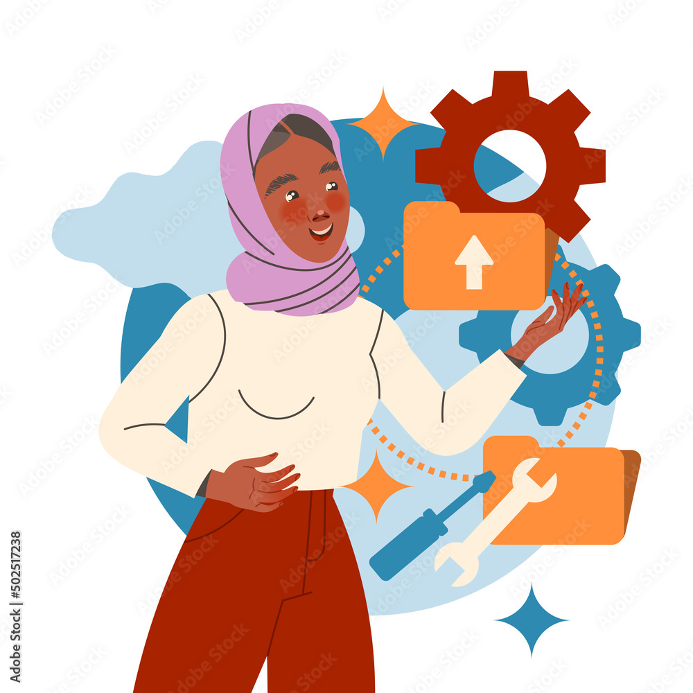 Muslim Woman Character Working with Information with Folder Settings Analyzing and Browsing Data Vector Illustration Muslim Woman Character Working with Information with Folder Settings Analyzing and Browsing Data Vector Illustration