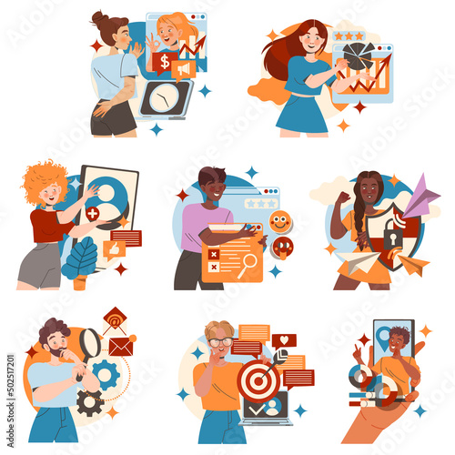 People Character Working with Information Analyzing and Browsing Data Vector Illustration Set © Happypictures