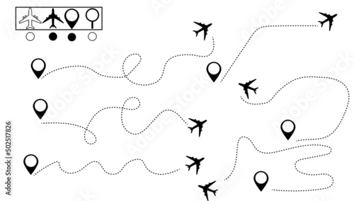 Plane route set. Travel plane tracking  map pin  location pin. Vector illustration.