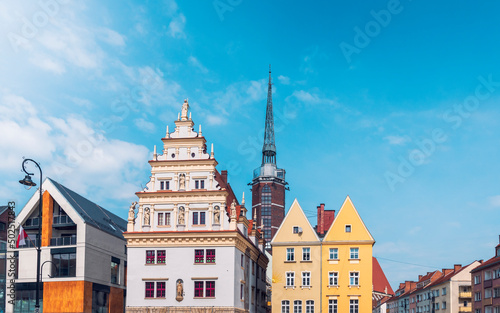 .House of Municipal Scales on the market square in Nysa. In the background, the Tower of Mood, built in 2008, is a vantage point over the entire city. A beautiful renaissance tenement house in the com