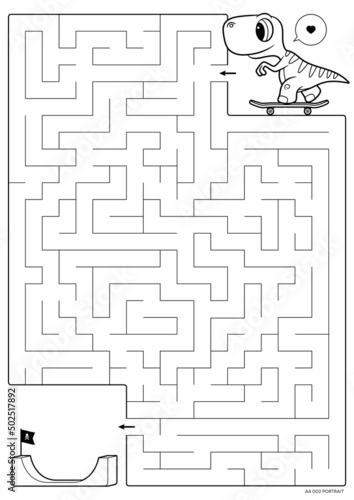 Vector black line printable maze. Format A4. Coloring book educational maze with little dinosaur on skateboard.
