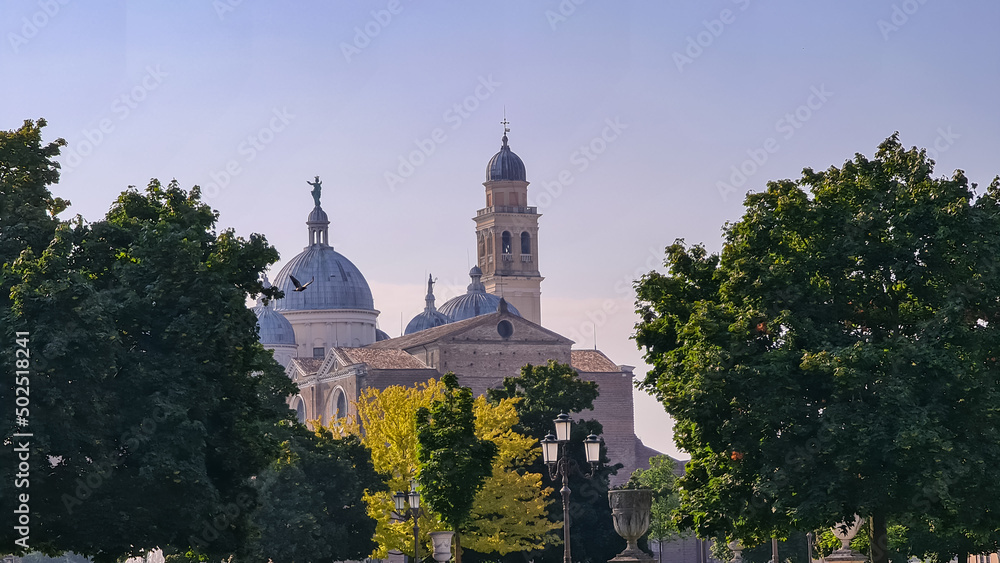 Scenic view from Prato della Valle on the Abbey of Santa Giustina in Padua, Veneto, Italy, Europe. Abbey was founded in fifth century on the tomb of saint Justine of Padua in Padova, Italian city