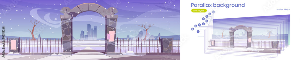 Parallax background 2d winter landscape with stone arch gate. Entrance ...