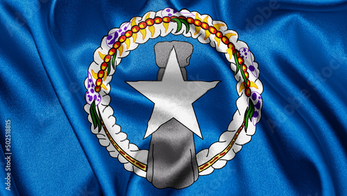 Close up realistic texture fabric textile silk satin flag of Northern Mariana Islands waving fluttering background. National symbol of the country. Happy Day concept
 photo