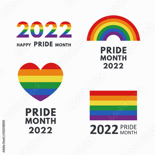 Lgbt rainbow flag set. Gay pride month symbols set. Heart, rainbow etc. Stickers for pride month celebration. Vector illustration
