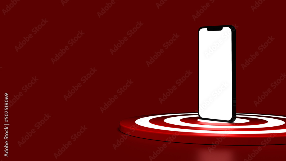 Fototapeta premium Smartphone on the dartboard in red background. Business concept. 3D Illustration.