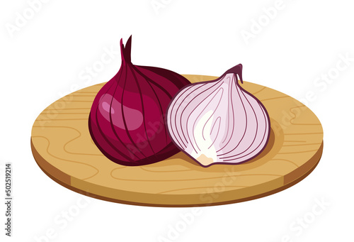 Red onion on wooden board. Wooden plank with fresh vegetable.