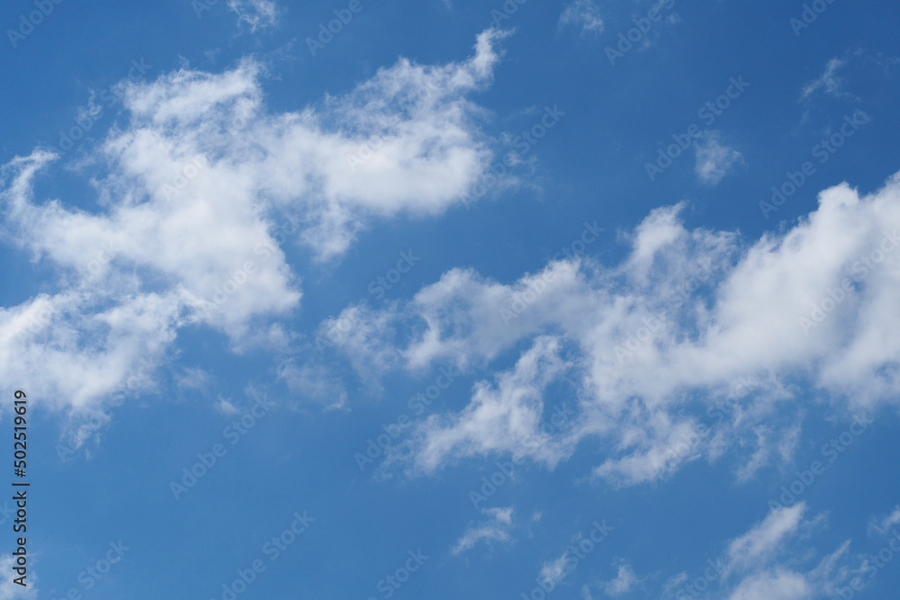 The natural background of the sky. Delicate white clouds on a transparent blue sky on a sunny day