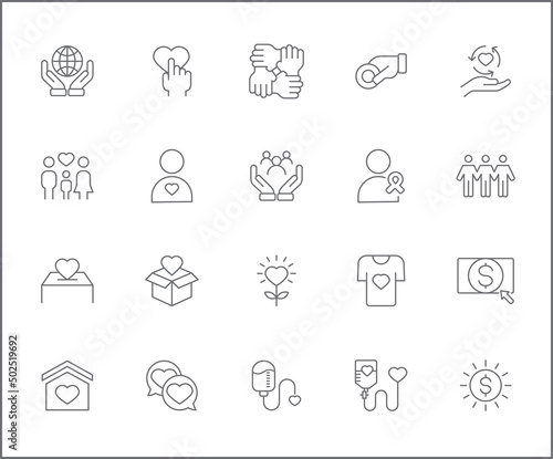 Set of Charity and Donation icons line style. It contains such Icons as blood, heart, save world, love, cross, ribbon, care, volunteer, fund, donor and other elements.