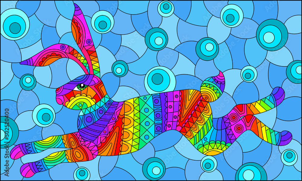 Obraz premium Stained glass illustration with abstract bright rabbit, animals on a blue background, rectangular image